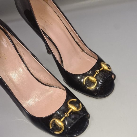 GUCCI Horsebit Heels Size UK 5.5 EU 38.5 Black Patent Leather Peep-Toe Stiletto - Picture 7 of 12
